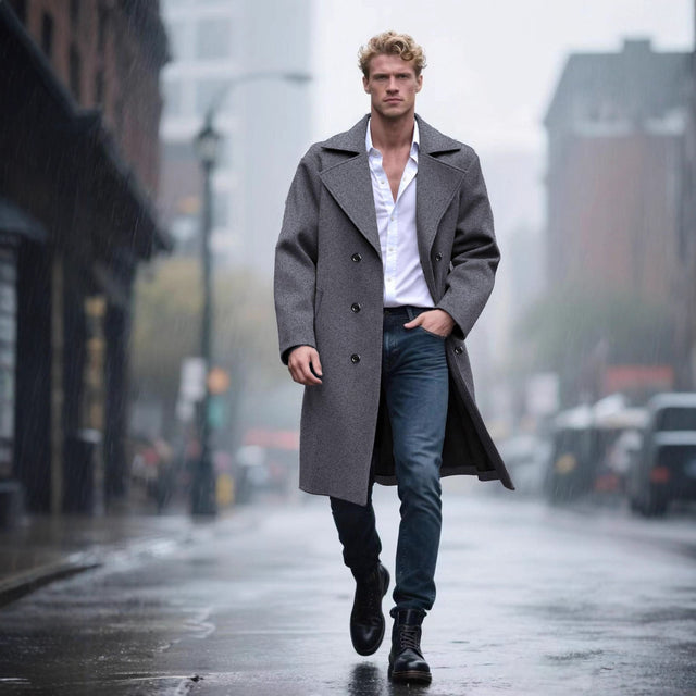 Men's Long Double-Breasted Overcoat – City Style