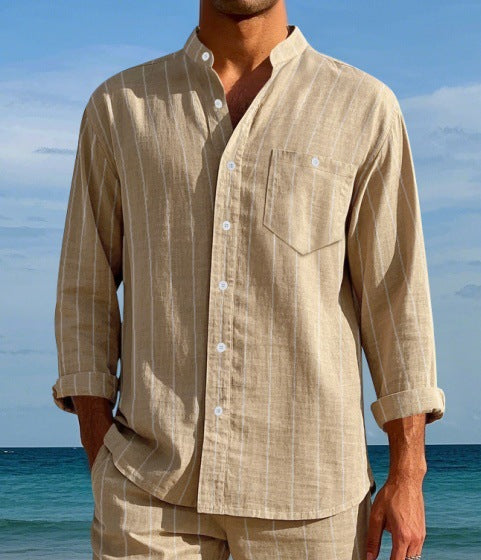 Men's Linen Fashion Shirt Striped Stand-up Collar Loose-fitting Breathable Casual