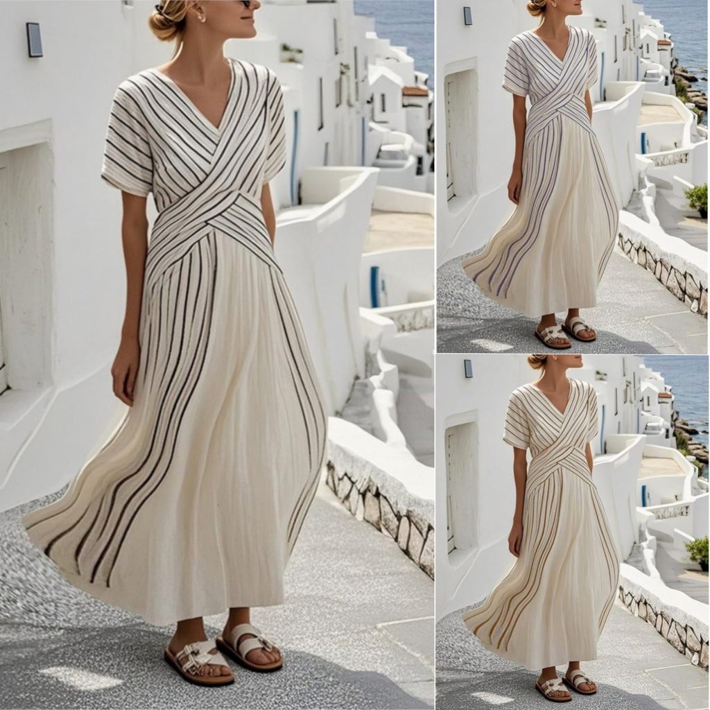 Women's Loose Fit Striped Printing Dress - Casual Cotton Blend Summer Midi Dress For Daily Wear Holiday Outfit