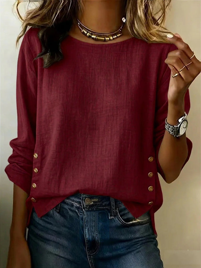 Summer Solid Color Round Neck Casual Loose Cotton And Linen Top For Women
