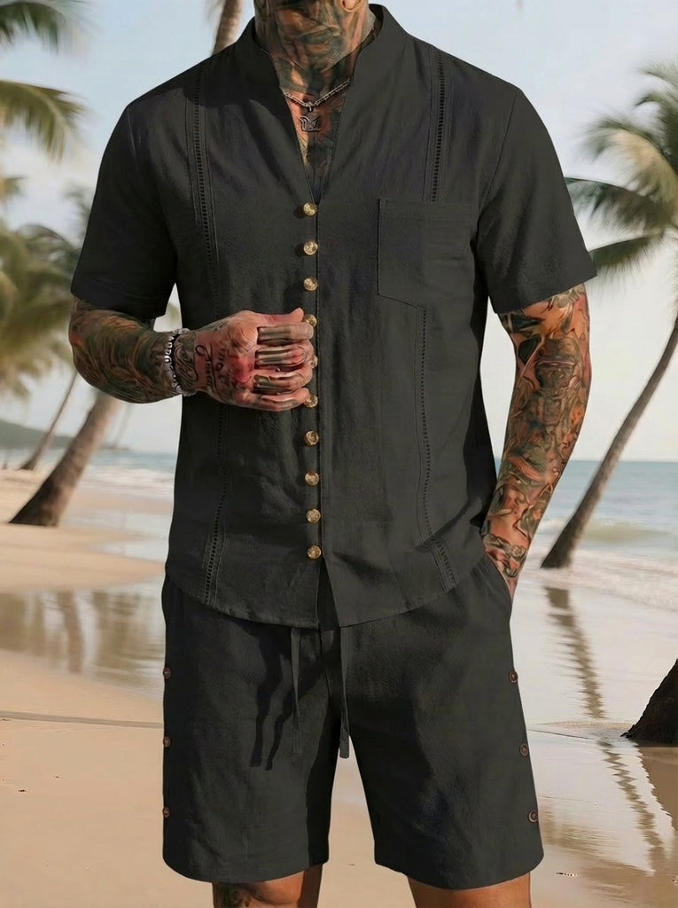 Stand-collar Solid-color Short-sleeve Shirt Set