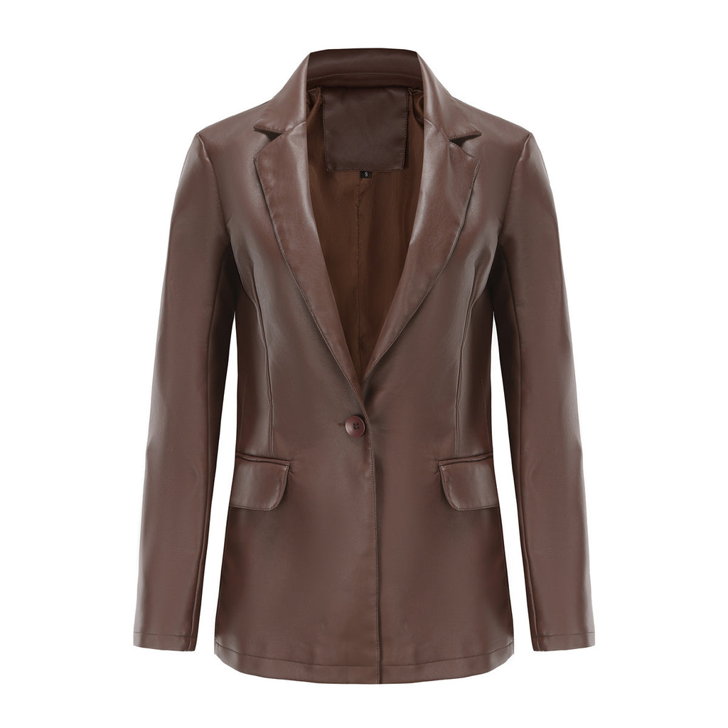 Single Button Commute Leisure Solid Color Leather Coat