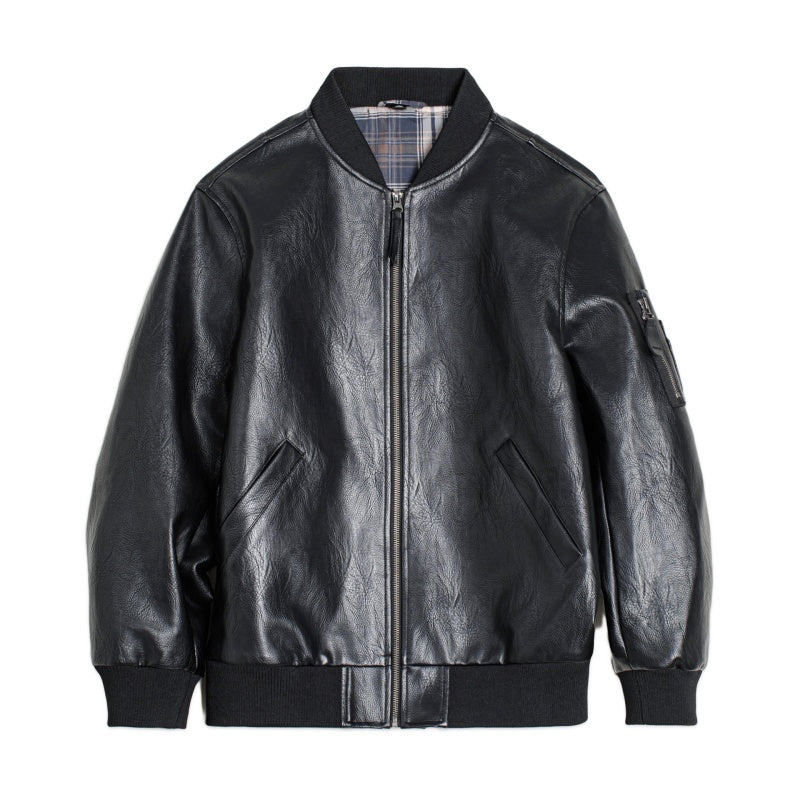 American-style Black MA1 Pilot Leather Jacket Ruan Handsome Short