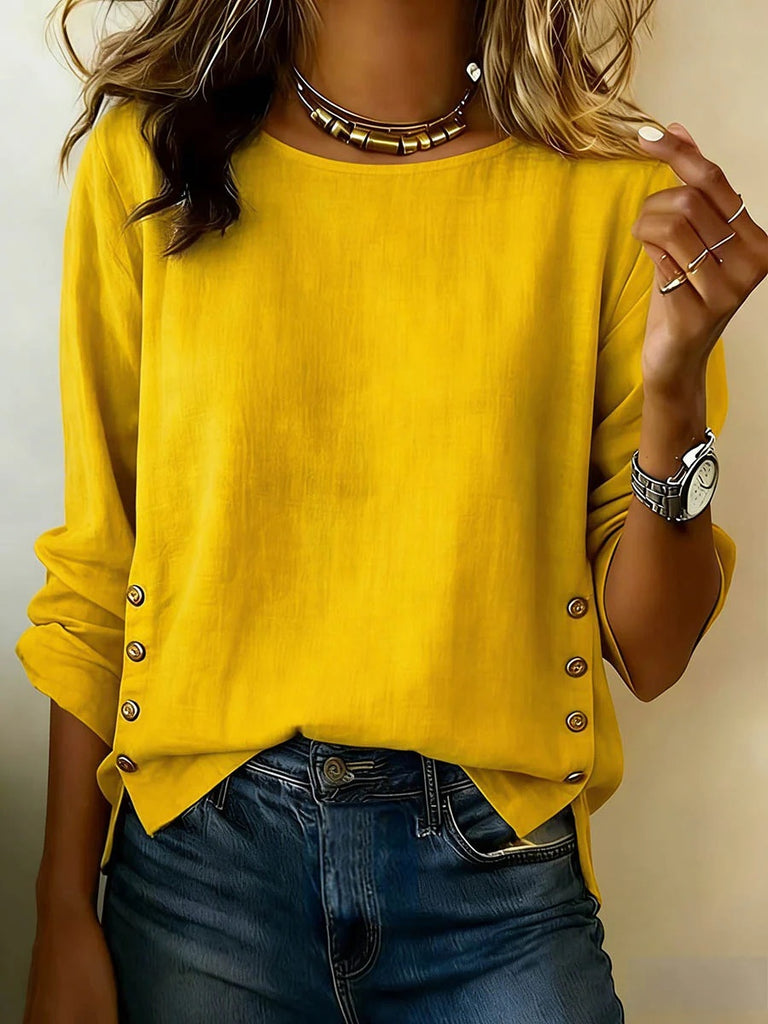 Summer Solid Color Round Neck Casual Loose Cotton And Linen Top For Women
