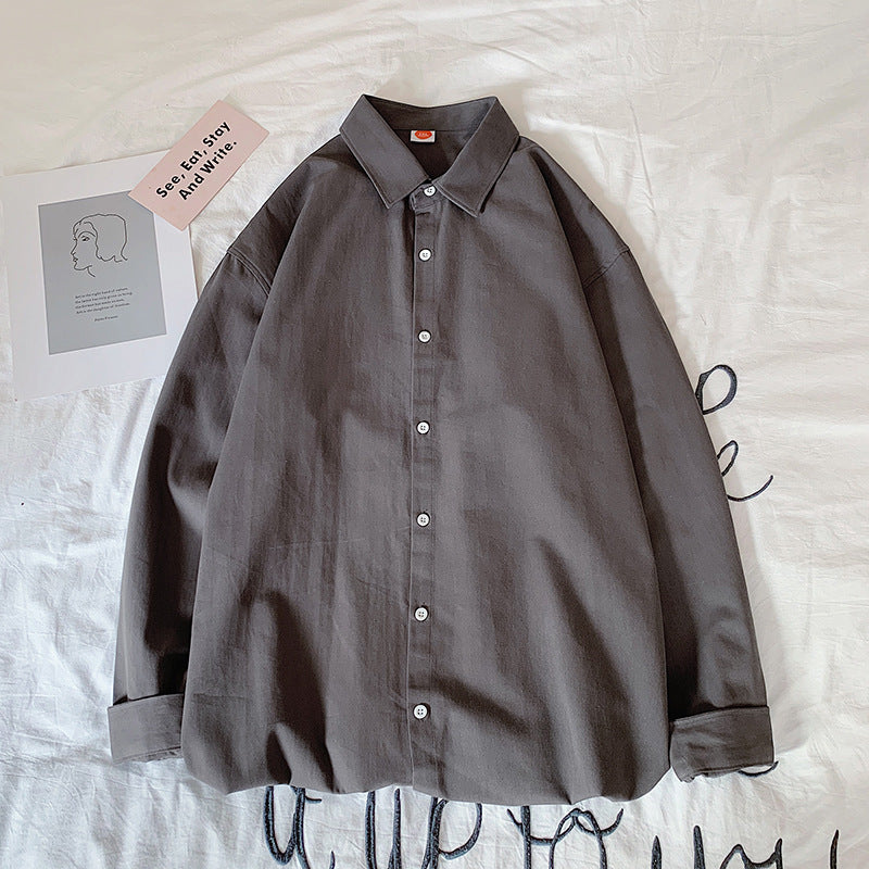 Casual Washed Cotton Hong Kong Style Shirt Loose Solid Color Long Sleeves