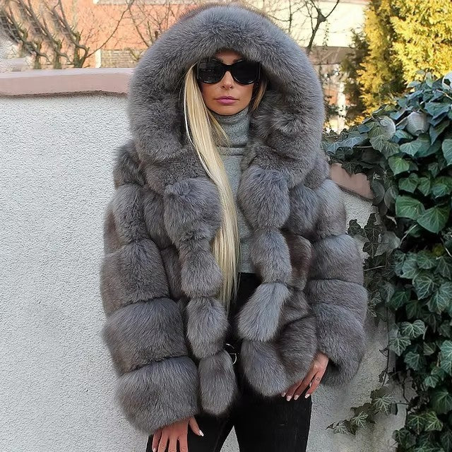Women's Minimalist Hooded Patchwork Fur Grass Jacket