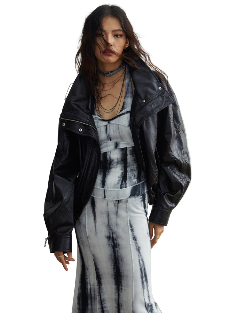 Retro Quiet Luxury Detachable Large Fur Collar Leather Jacket