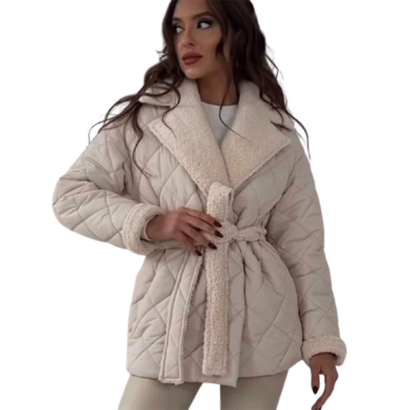 Winter Lapel Plaid Coat Fashion All-match Waist-tied Design Coat For Women Outwear Clothing