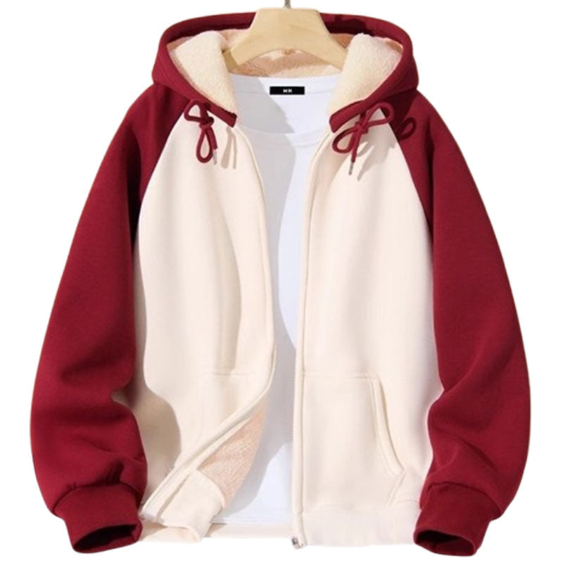 New Contrast Color Women's Clothing Winter Fleece-lined Casual Cardigan Coat Outerwear Women