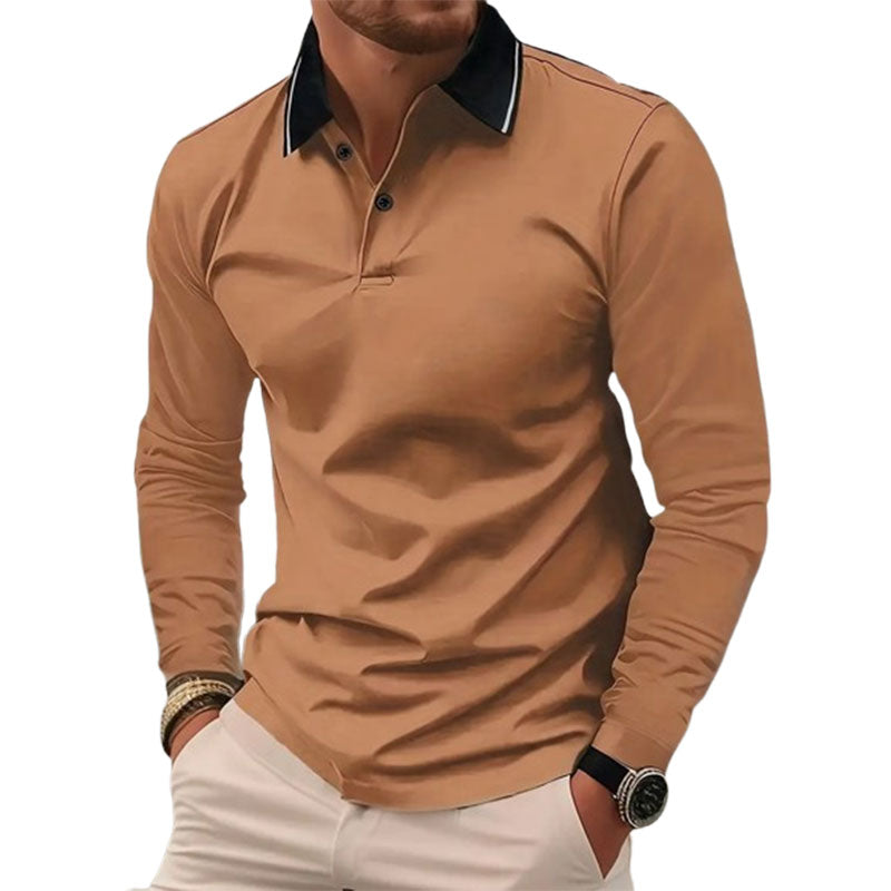 Autumn Men's Lapel Golf Casual Sports Contrast Color Long Sleeves Top