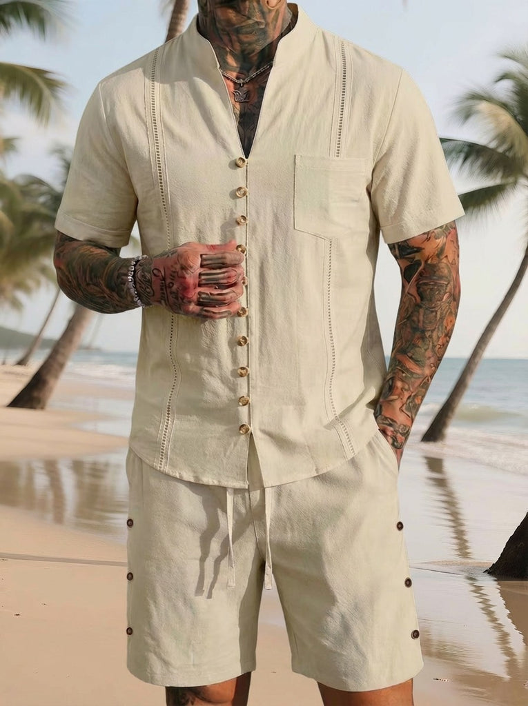 Stand-collar Solid-color Short-sleeve Shirt Set