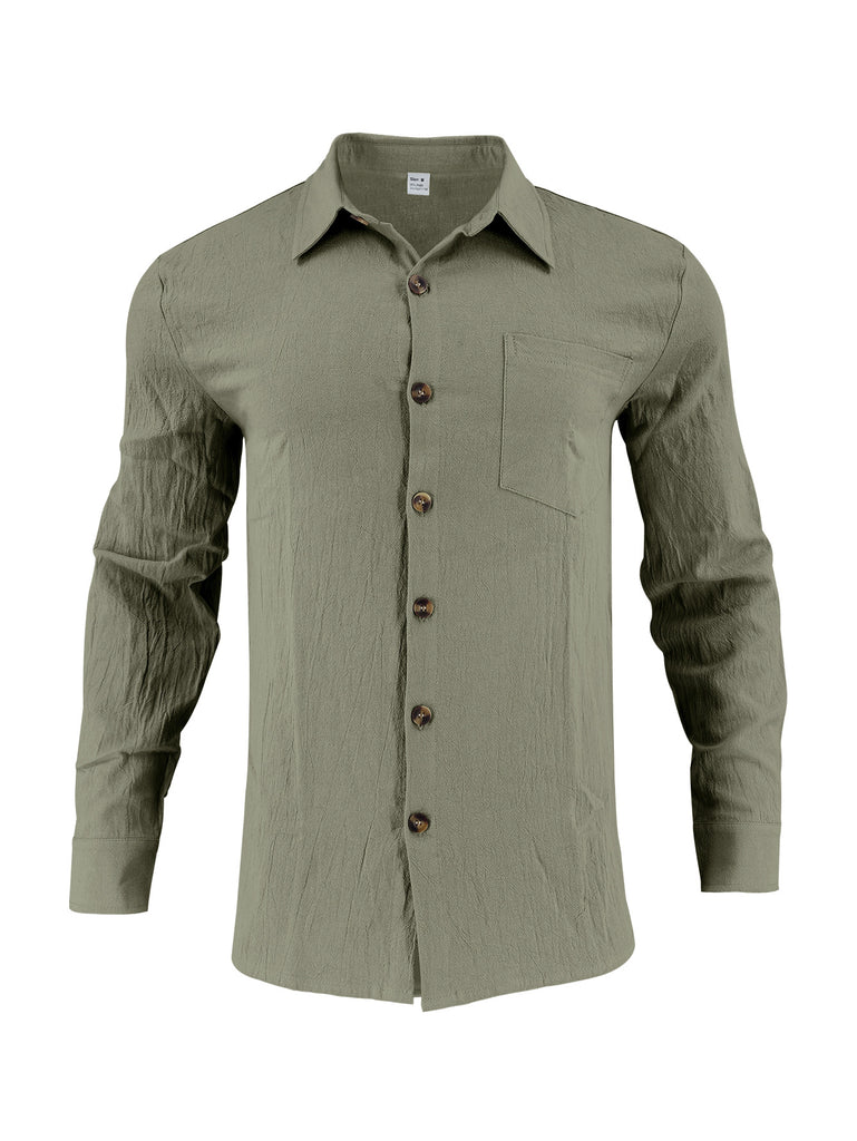 European And American Men's Shirt Double Pocket Cotton Linen