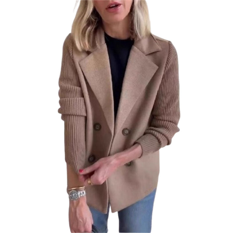 Double Breasted Lapel Jacket Fashion Knitted Sleeves Splicing Design Coat Outerwear Women's Clothing