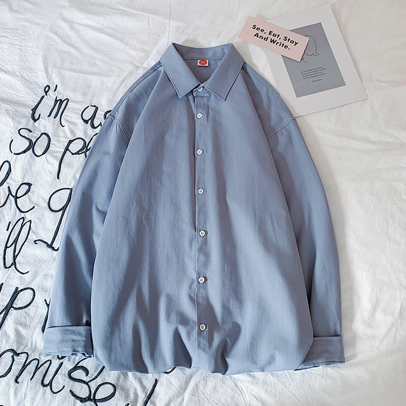 Casual Washed Cotton Hong Kong Style Shirt Loose Solid Color Long Sleeves