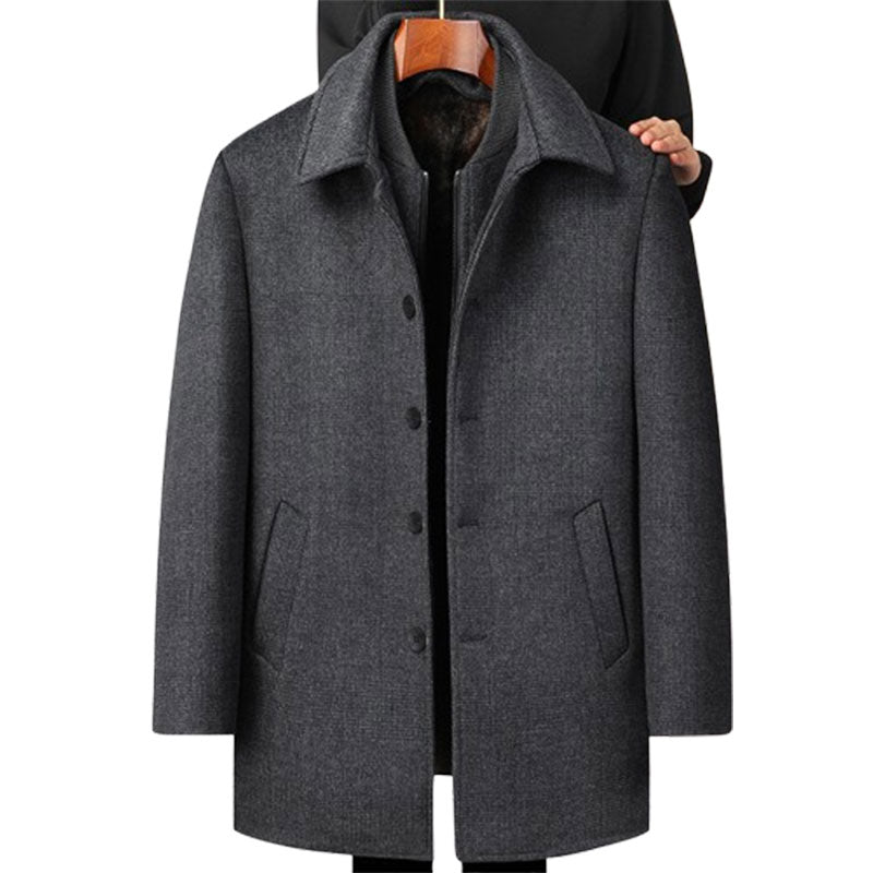Men's Woolen Coat Mid-length Fleece Plaid Detachable Double Collar