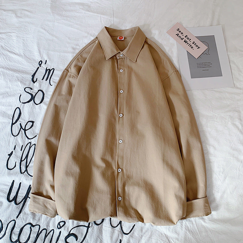 Casual Washed Cotton Hong Kong Style Shirt Loose Solid Color Long Sleeves