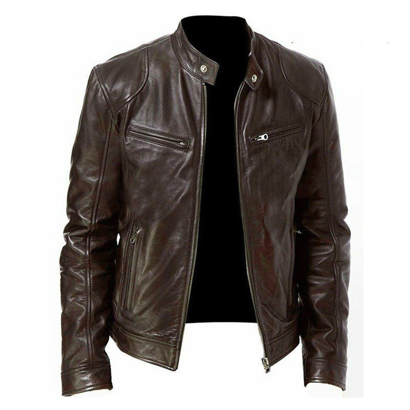 Men's Zip-up Cardigan PU Leather Jacket Fashion Pockets Stand Collar Short Tops Clothing