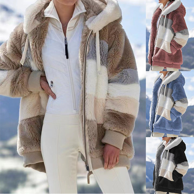 Women's Plush Patchwork Hooded Outerwear – product photo