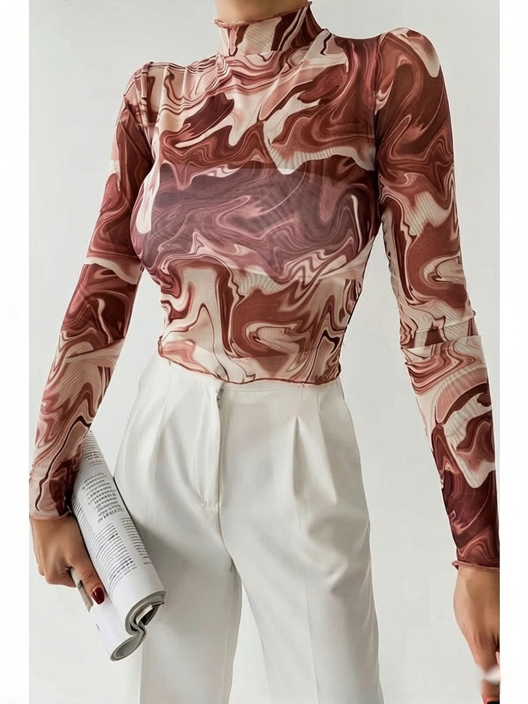 Fashionable Printed Mock Neck Long-Sleeve Slim-Fit Sexy Mesh T-Shirt Top