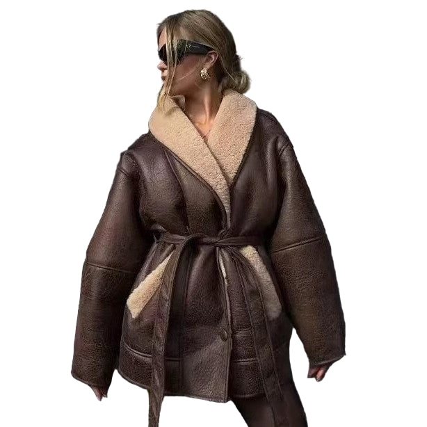 Fashion Cashmere Leather Fur Collar Composite Belt Coat