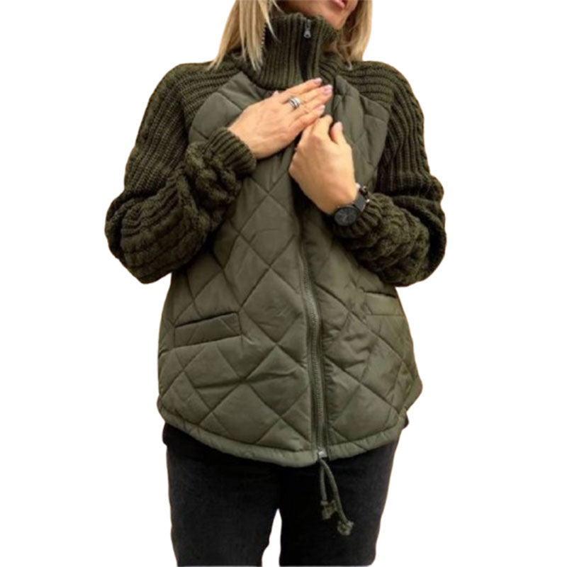 Winter Stand Collar Cotton Jacket With Pockets Fashion Knitted Stitching Zipper Coat Warm Tops For Women Clothing