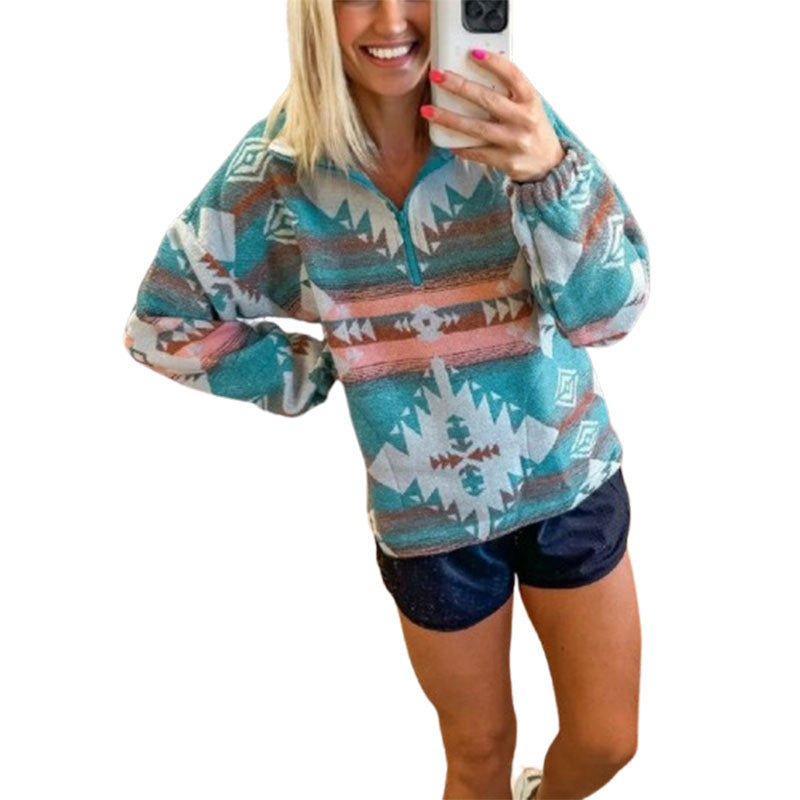Green Quarter Zip Elastic Cuffs Aztec Sweatshirt