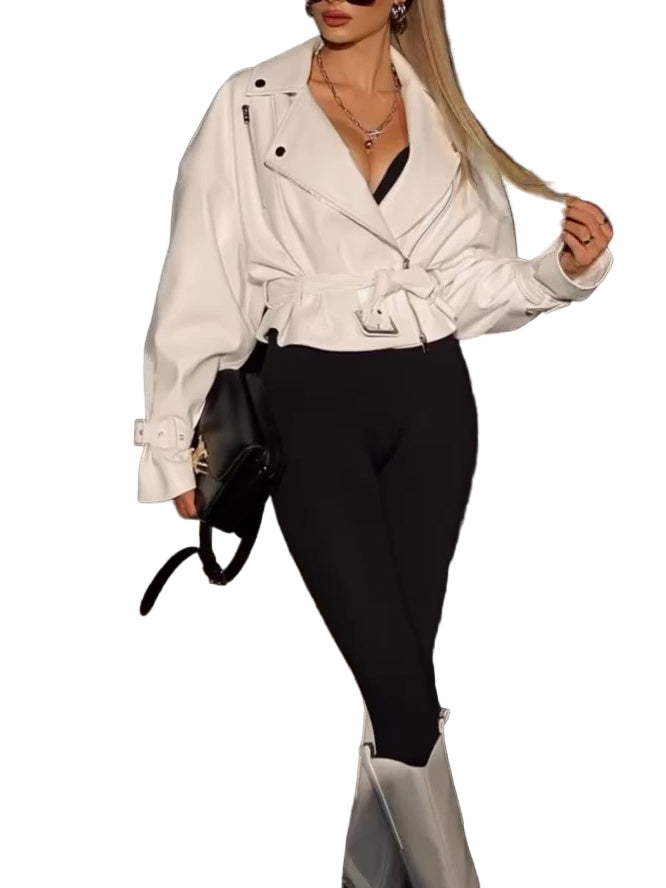 Solid Color Leather Cropped Jacket