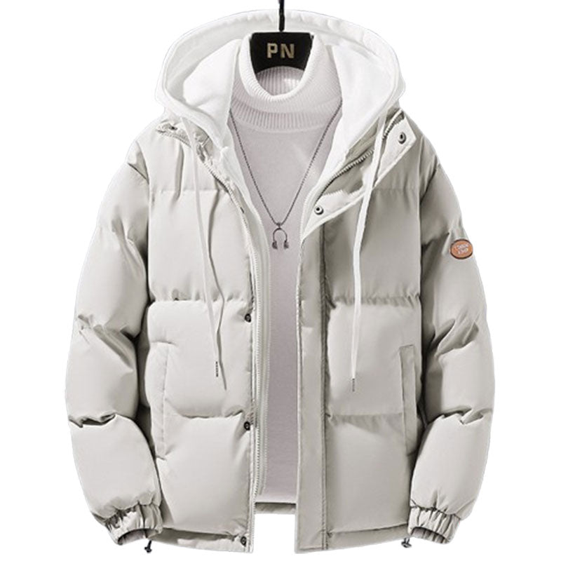 Fashion Hooded Jacket Men Winter Windproof Thickened Fake Two-piece Coat Solid Leisure Sports Cotton Jacket