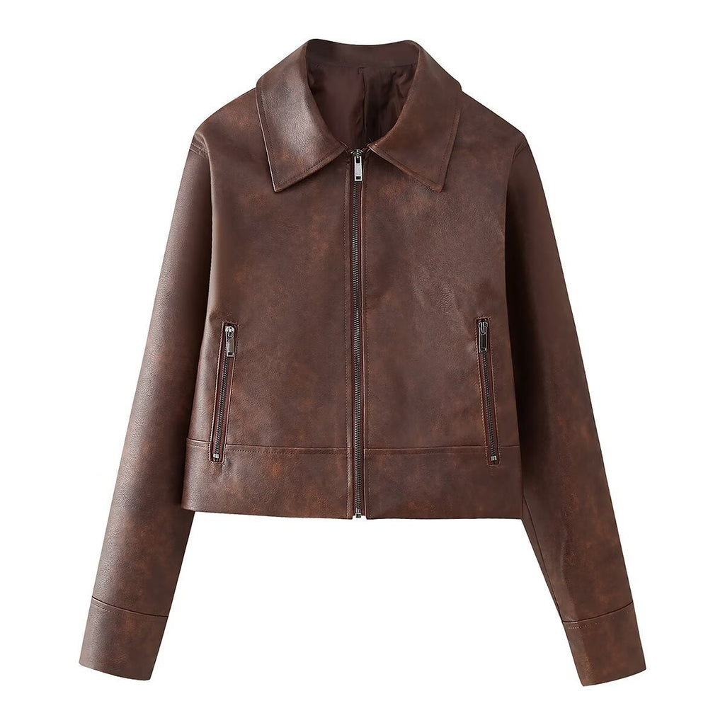 Women's Retro Lapels Long-sleeved Zipper Leather Jacket Skirt