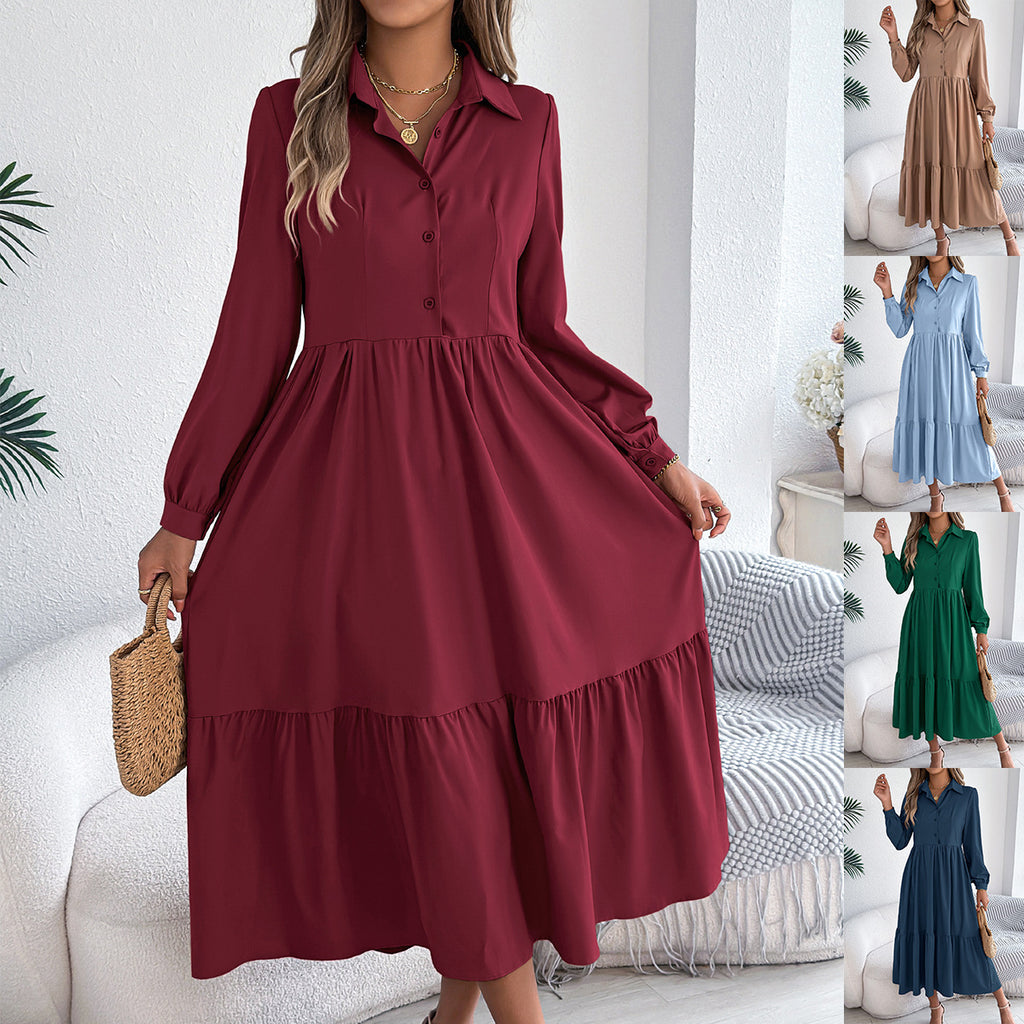 Autumn And Winter Collar Casual Loose Long Sleeve Ruffled Shirt Dress