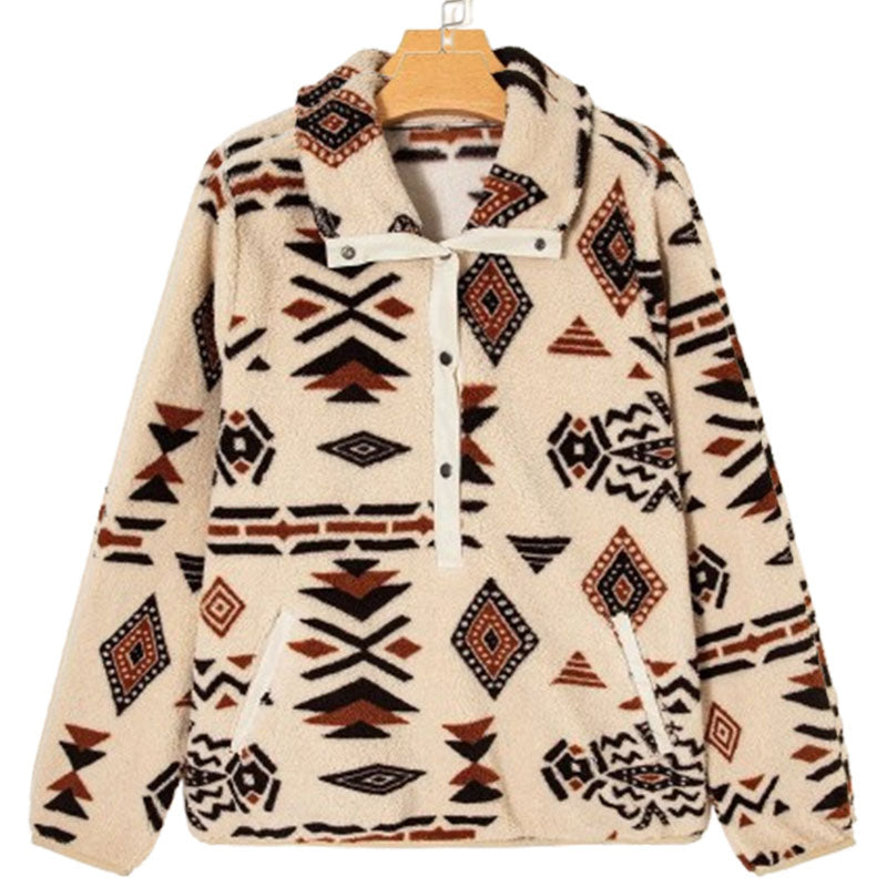 Beige Western Aztec Half Zip Plush Sweatshirt