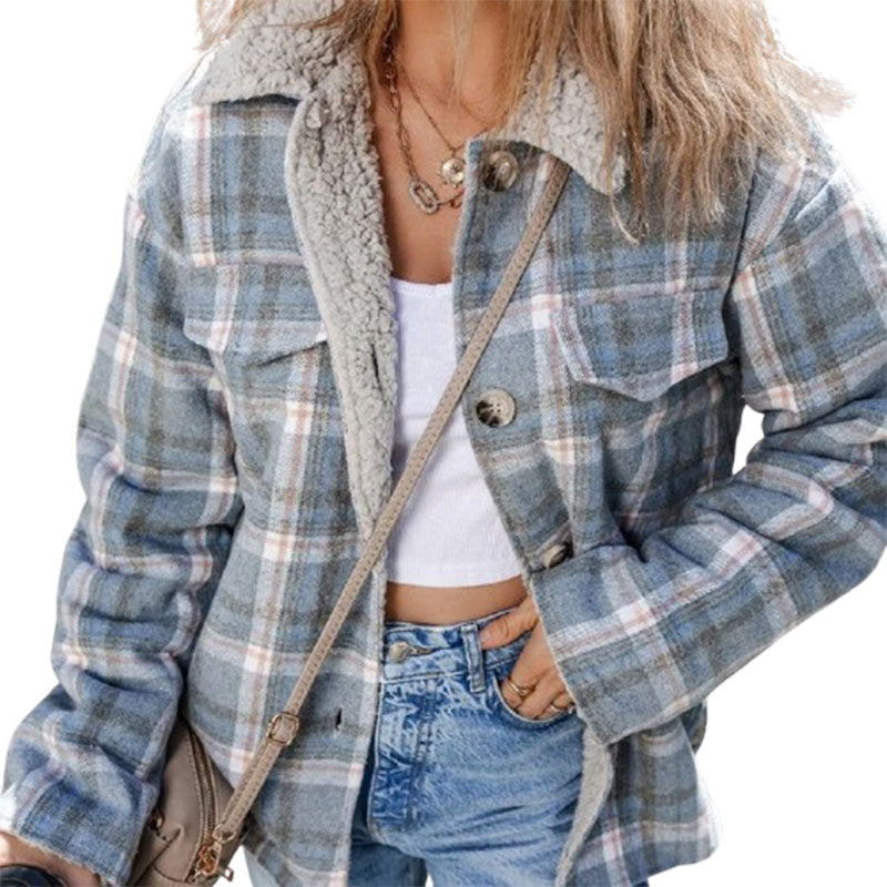 Sky Blue Stripe Sherpa Collar Cuffs Patchwork Plaid Shirt Jacket With Chest Pocket
