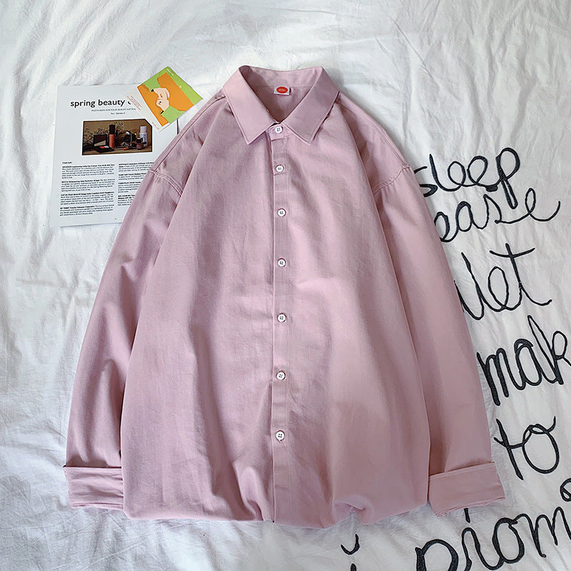 Casual Washed Cotton Hong Kong Style Shirt Loose Solid Color Long Sleeves