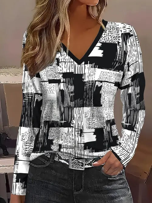 New Stylish Casual Geometric V-Neck Long-Sleeve T-Shirt