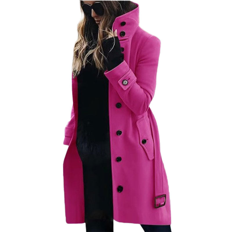 Autumn Winter New Woolen Coat Women's Slim Fit Cardigan Large Coat Women Long Sleeve Single Breasted Stand Collar Woolen Coat