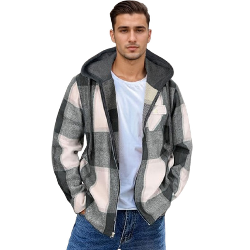 Men's Flannel Jacket Zipper Hooded Jacket