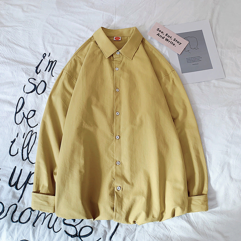 Casual Washed Cotton Hong Kong Style Shirt Loose Solid Color Long Sleeves