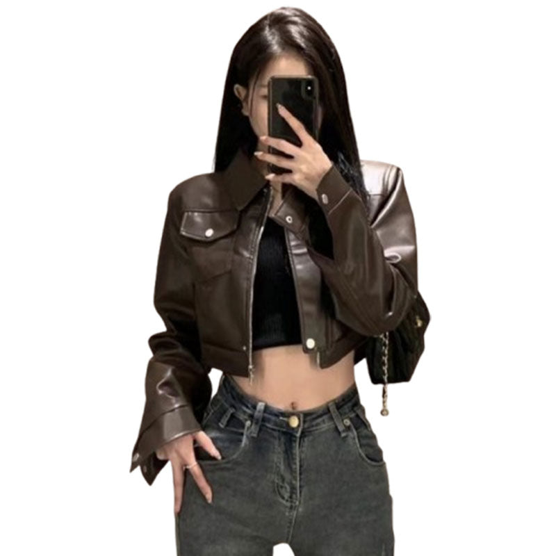 American Retro Sweet Cool Hot Girl Style Coffee Color Leather Coat Motorcycle Jacket Top