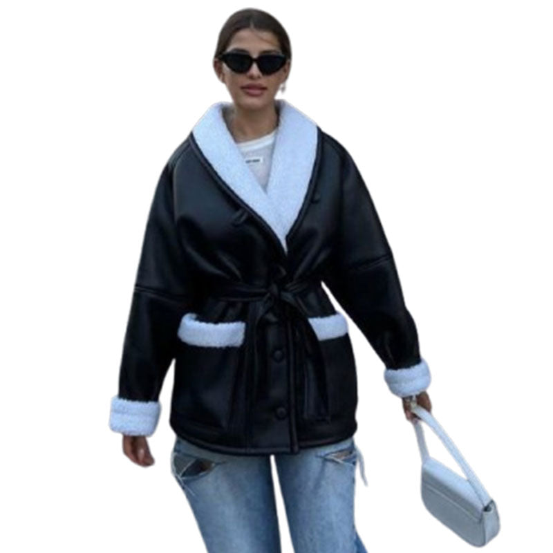 Leather And Fur Korean Style Long Sleeve Splicing Coat Women