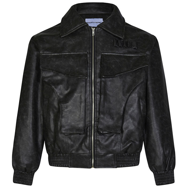 American Street Retro Large Pocket Lapels PU Leather Coat