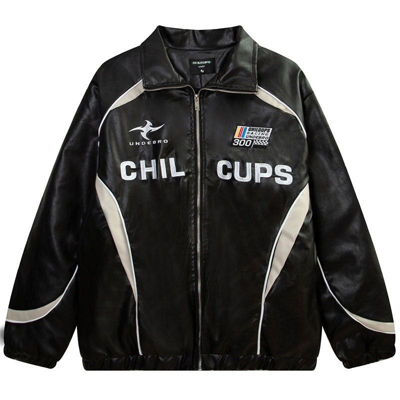 Loose American Couple Embroidered Motorcycle PU Jacket