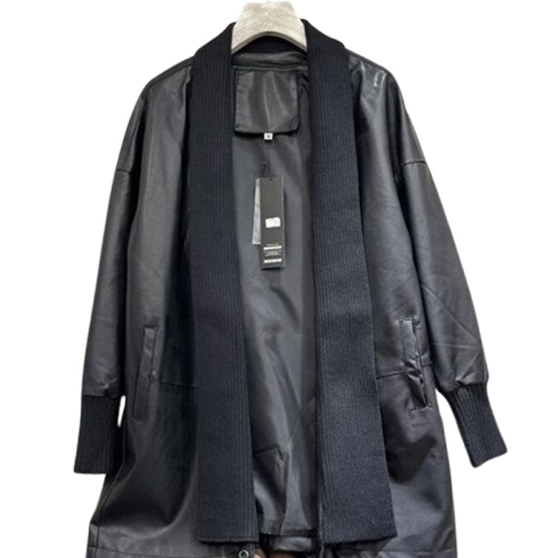 Knitted Stitching Mid-length Leather Coat Women