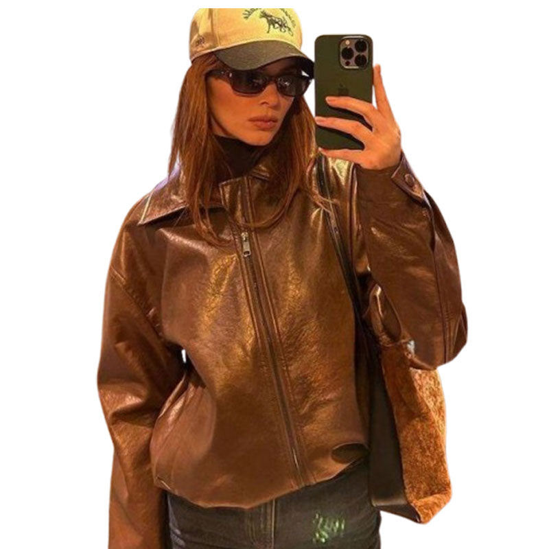 Women's Vintage Brown Leather Motorcycle Jacket