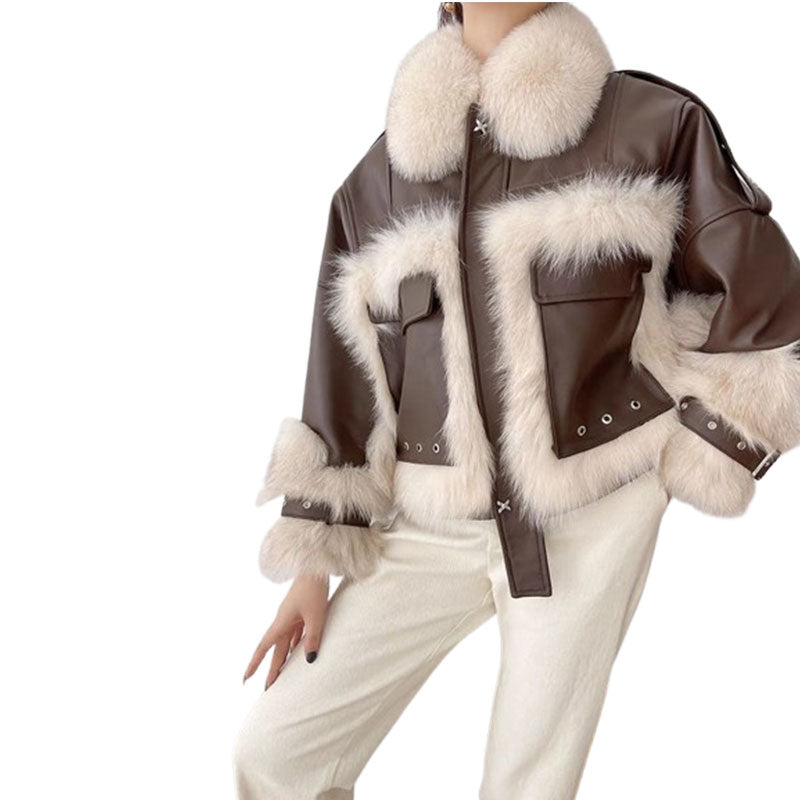 Sense Fox Fur Stitching Leather Coat