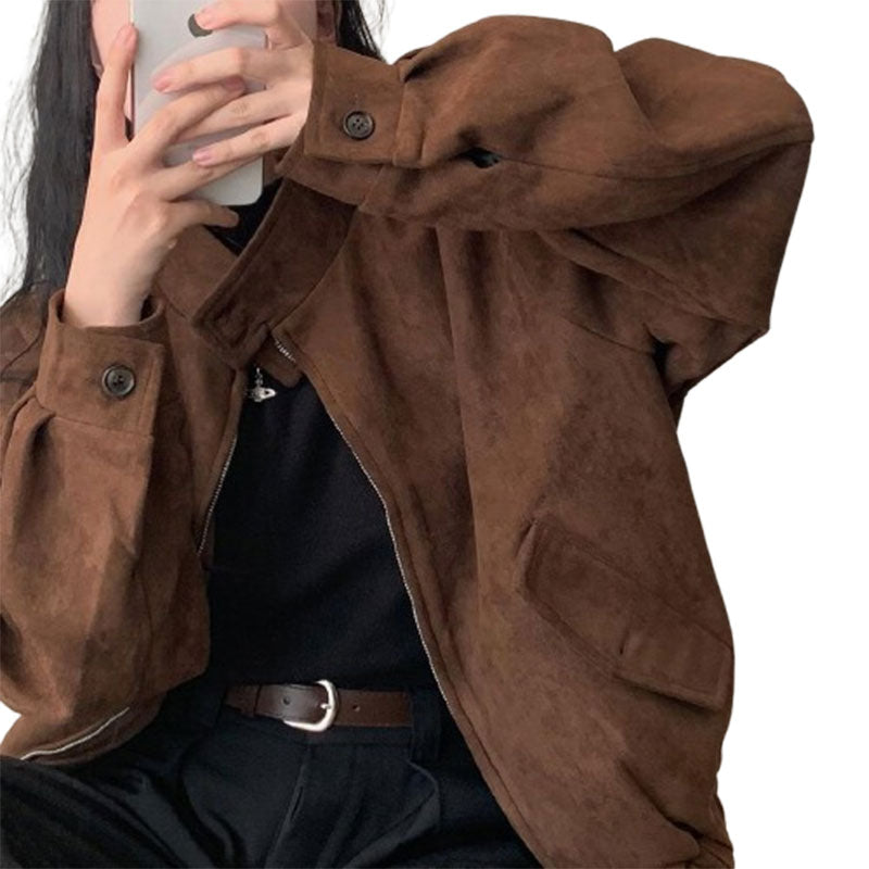 Autumn Winter Retro Warm Deerskin Velvet Double Zipper Coat Jacket