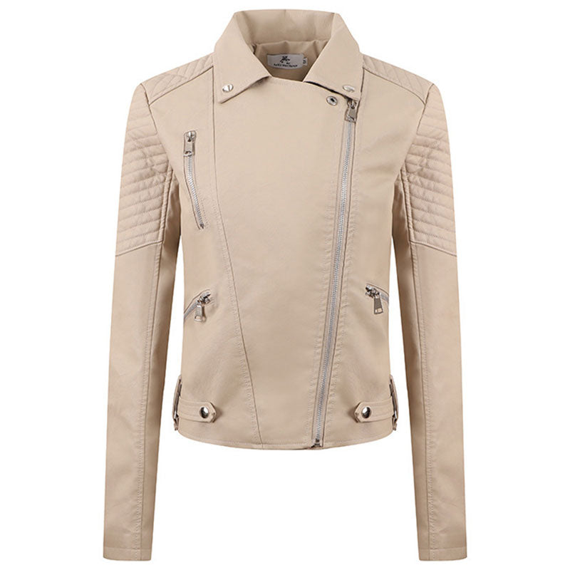 PU Women's Short Leather Oblique Pull Slim Motorcycle Clothing Washed Leather Jacket