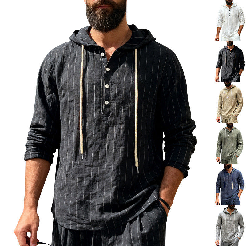 Mens Loose-Fit Casual Long-Sleeve Hooded Shirt