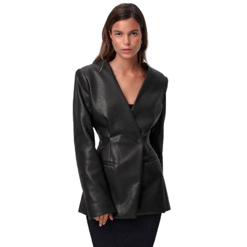 Fashionable Elegant Green V-neck Slim Suit Leather Coat