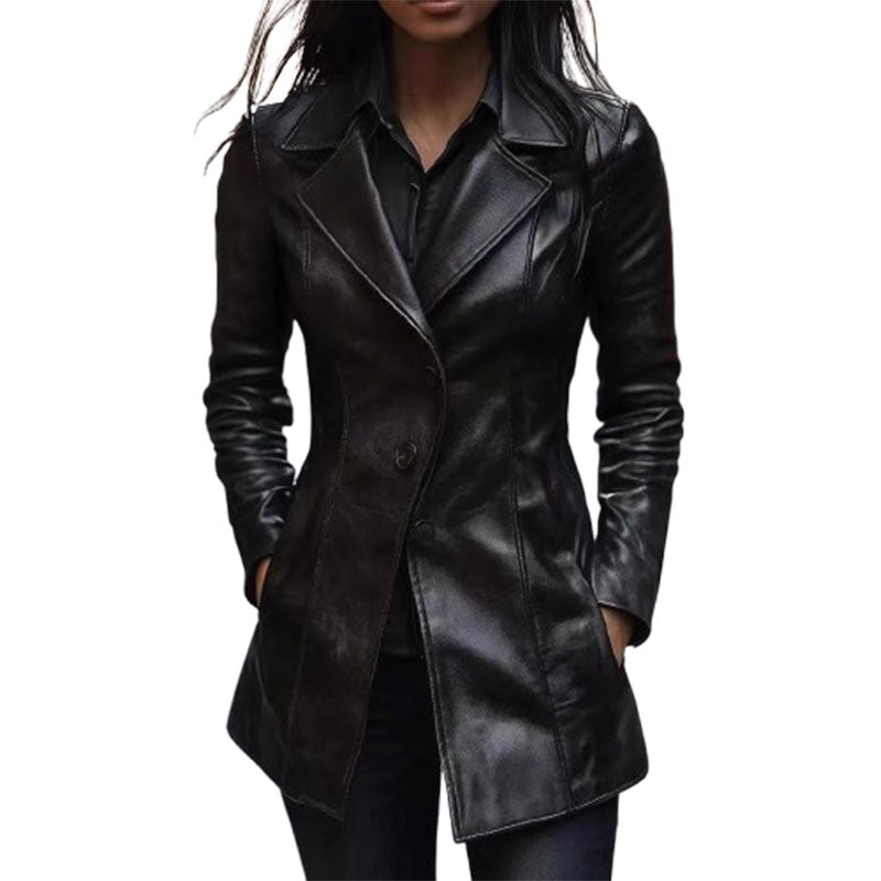 Women's PU Mid-length Casual Fashion Leather Coat