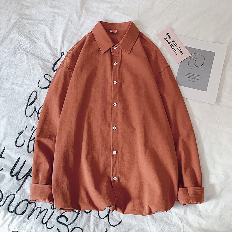 Casual Washed Cotton Hong Kong Style Shirt Loose Solid Color Long Sleeves